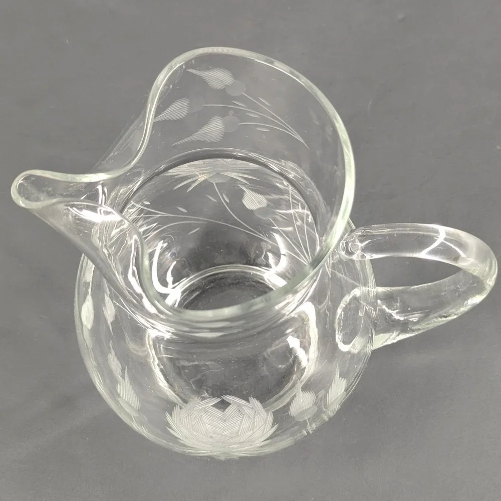 Vintage Etched Glass Pitcher with Ice Lip Floral Thistle Clear Serving Carafe